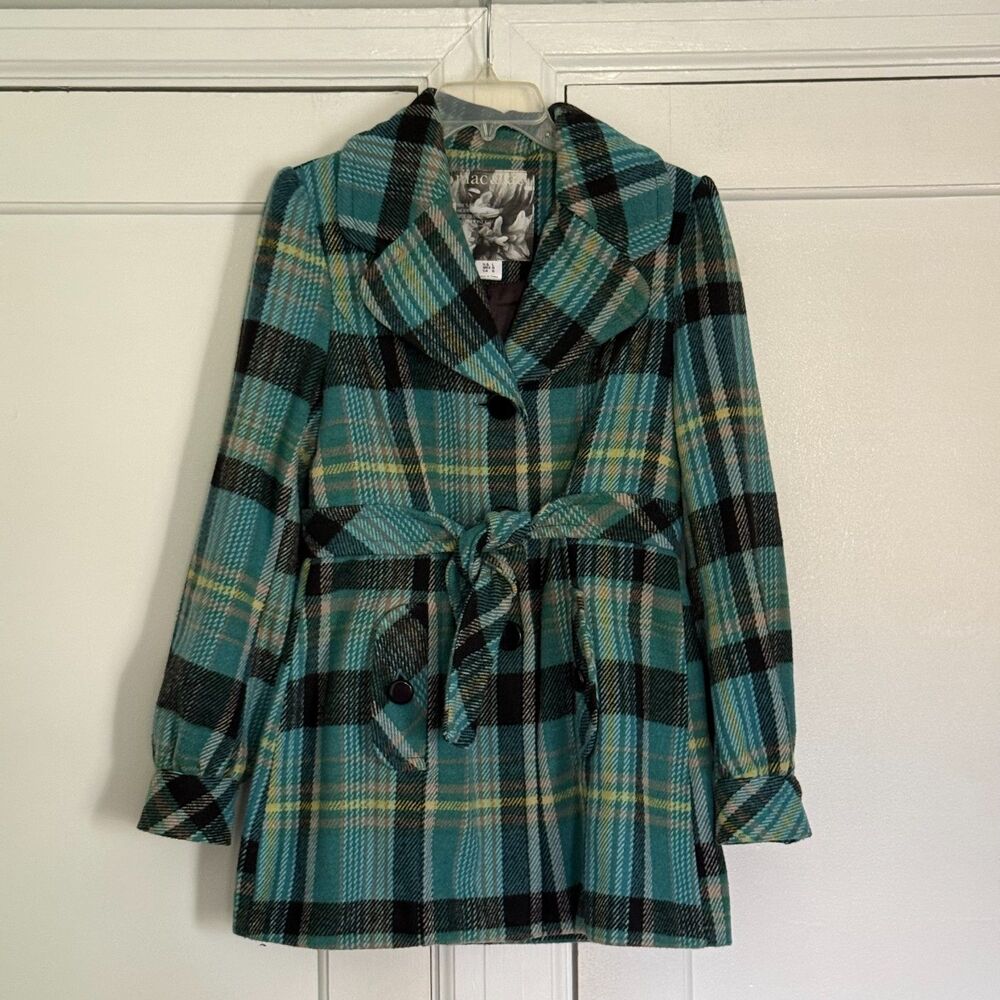 MAC & JAC Belted Mid-Length Plaid Pea Coat / Trench Jacket Size L